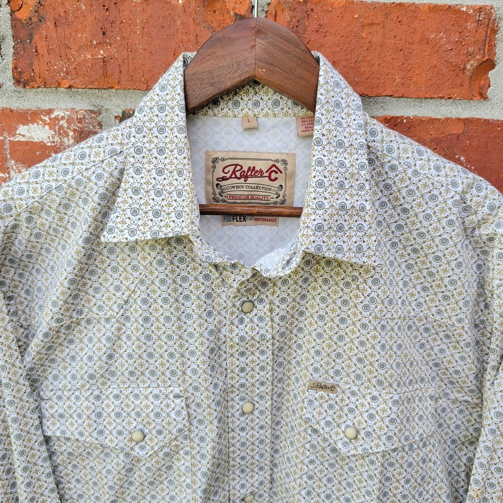 Rafter C Western Shirt Mens Large White Geometric ProFlex 45 Pearl Snap